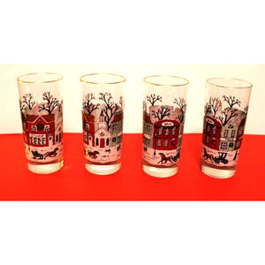 Libbey Christmas Snow Village Scene with Gold Rims Set of Four - Excellent Cond.